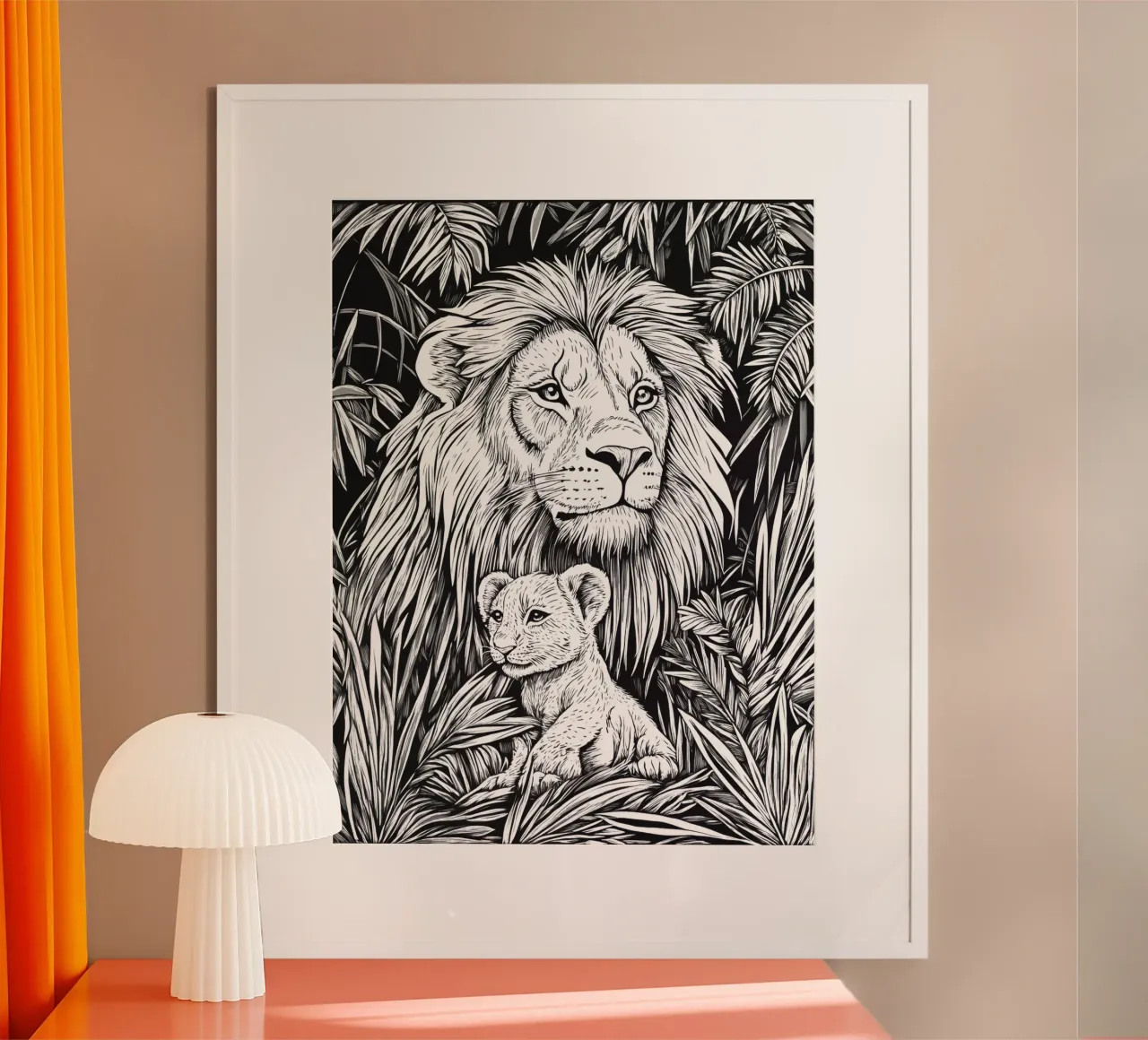 Leeuw-kind ontwerp voor kinderen in zwart en wit poster met houten frame van Autofocus
