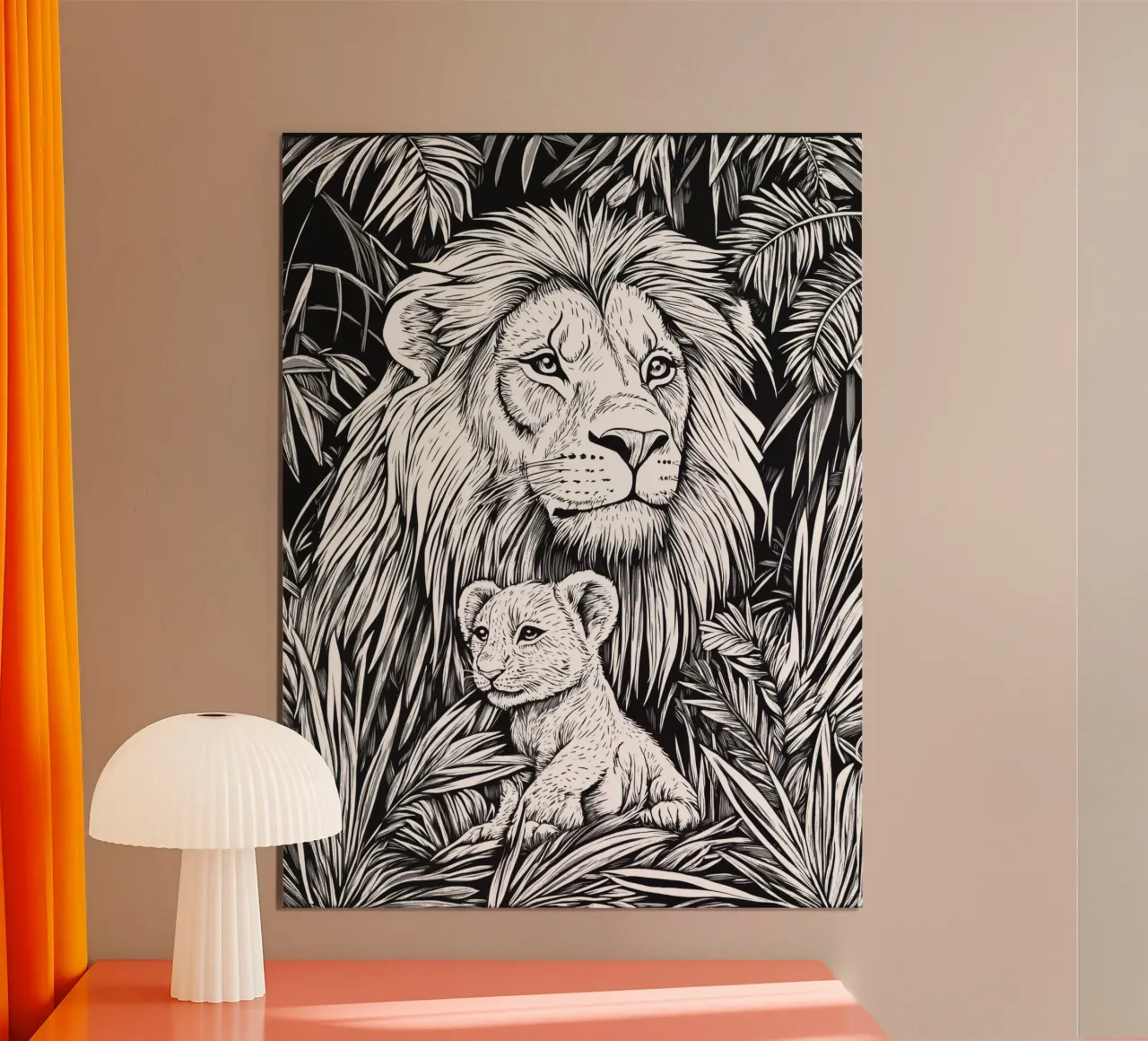 Leeuw-kind ontwerp voor kinderen in zwart en wit poster met houten frame van Autofocus