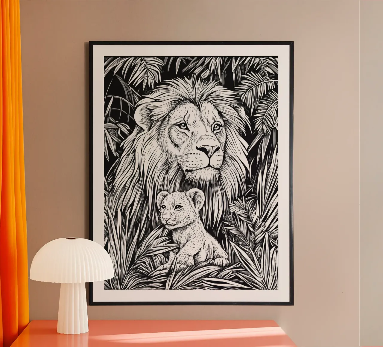 Leeuw-kind ontwerp voor kinderen in zwart en wit poster met houten frame van Autofocus