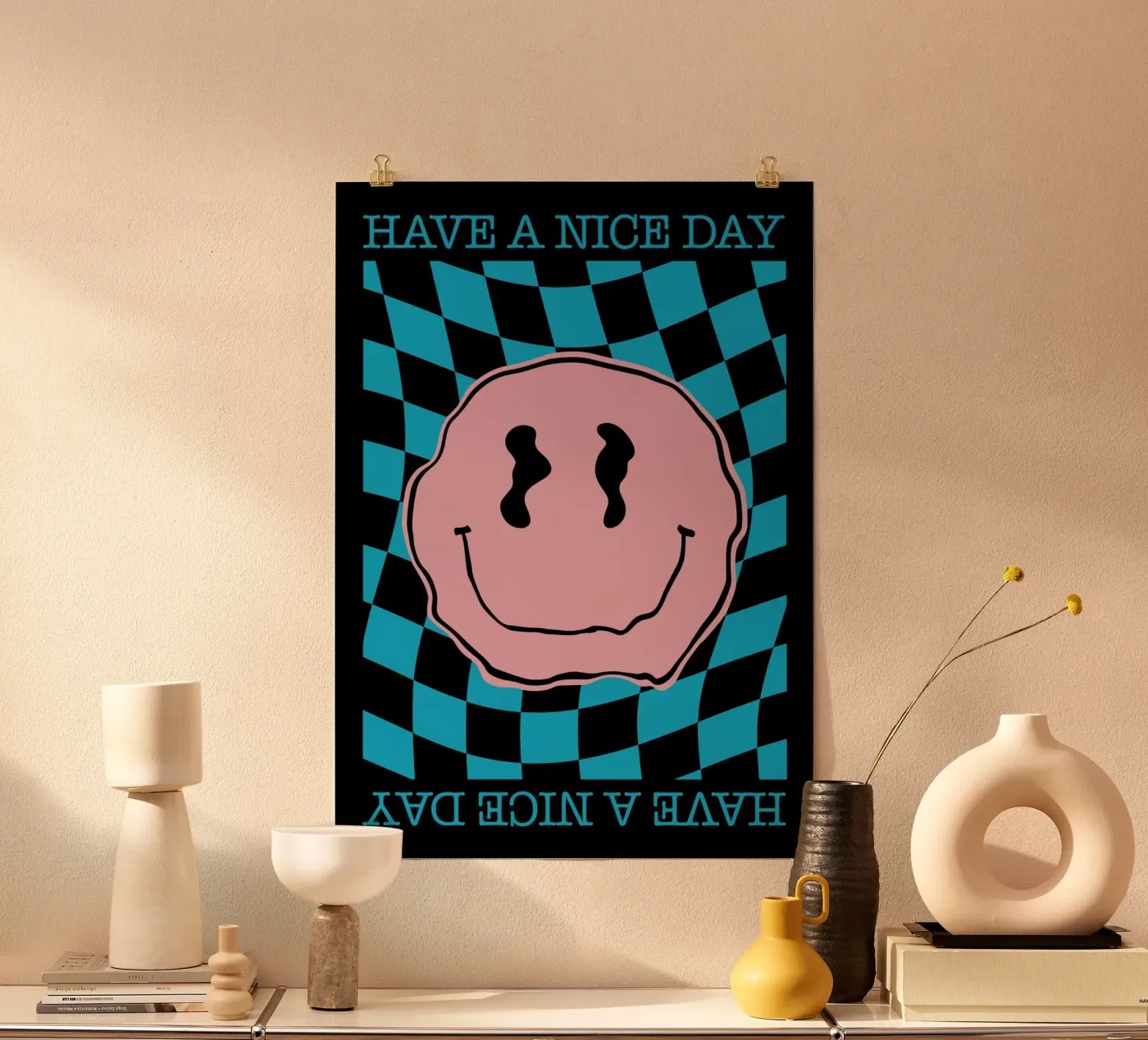 Have A Nice Day - Smiley Pink Blue Poster von Emil Art Studio