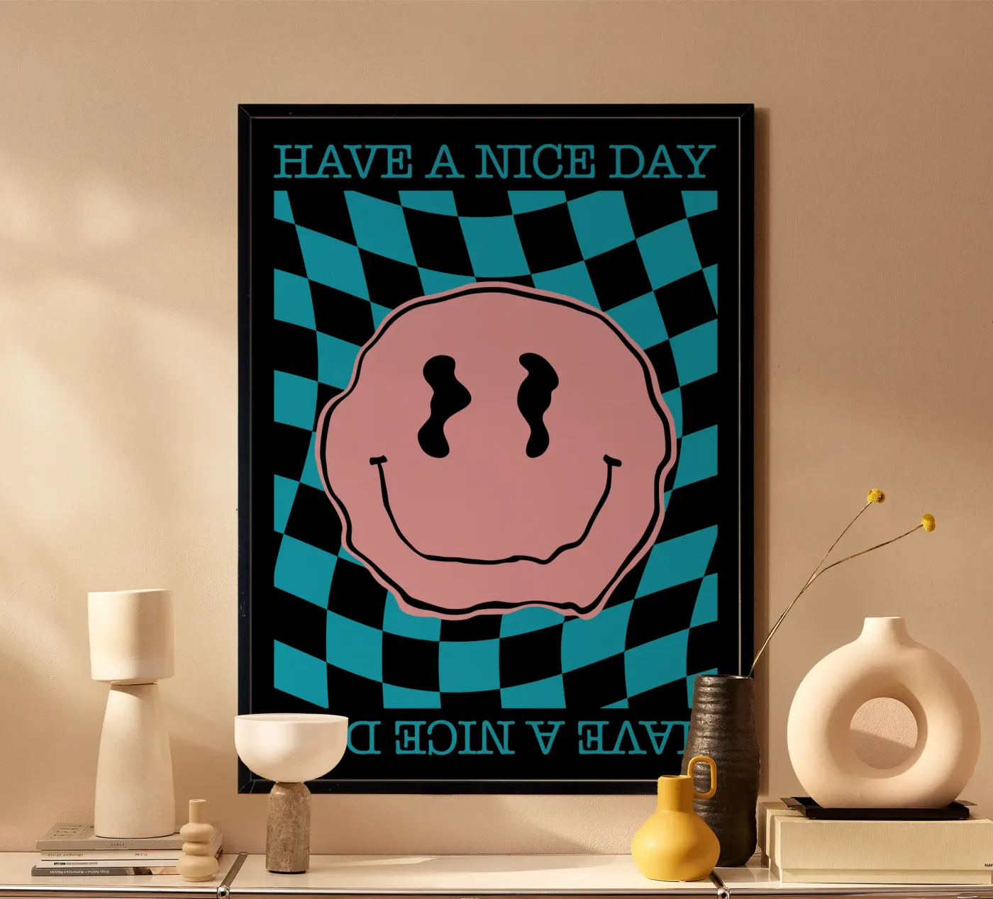 Have A Nice Day - Smiley Pink Blue Poster von Emil Art Studio