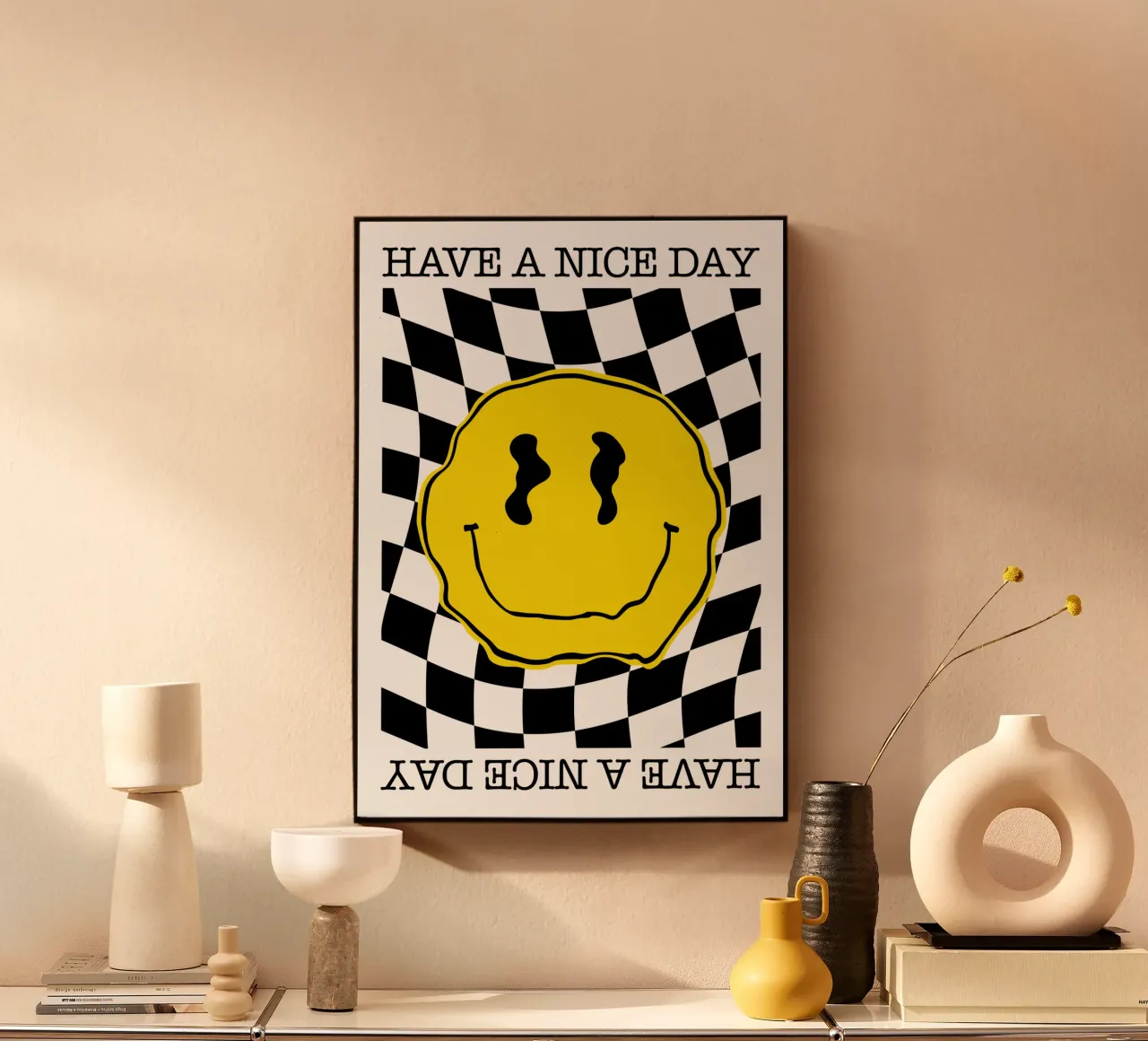 Have A Nice Day - Smiley Yellow Black Alu-Dibond von Emil Art Studio