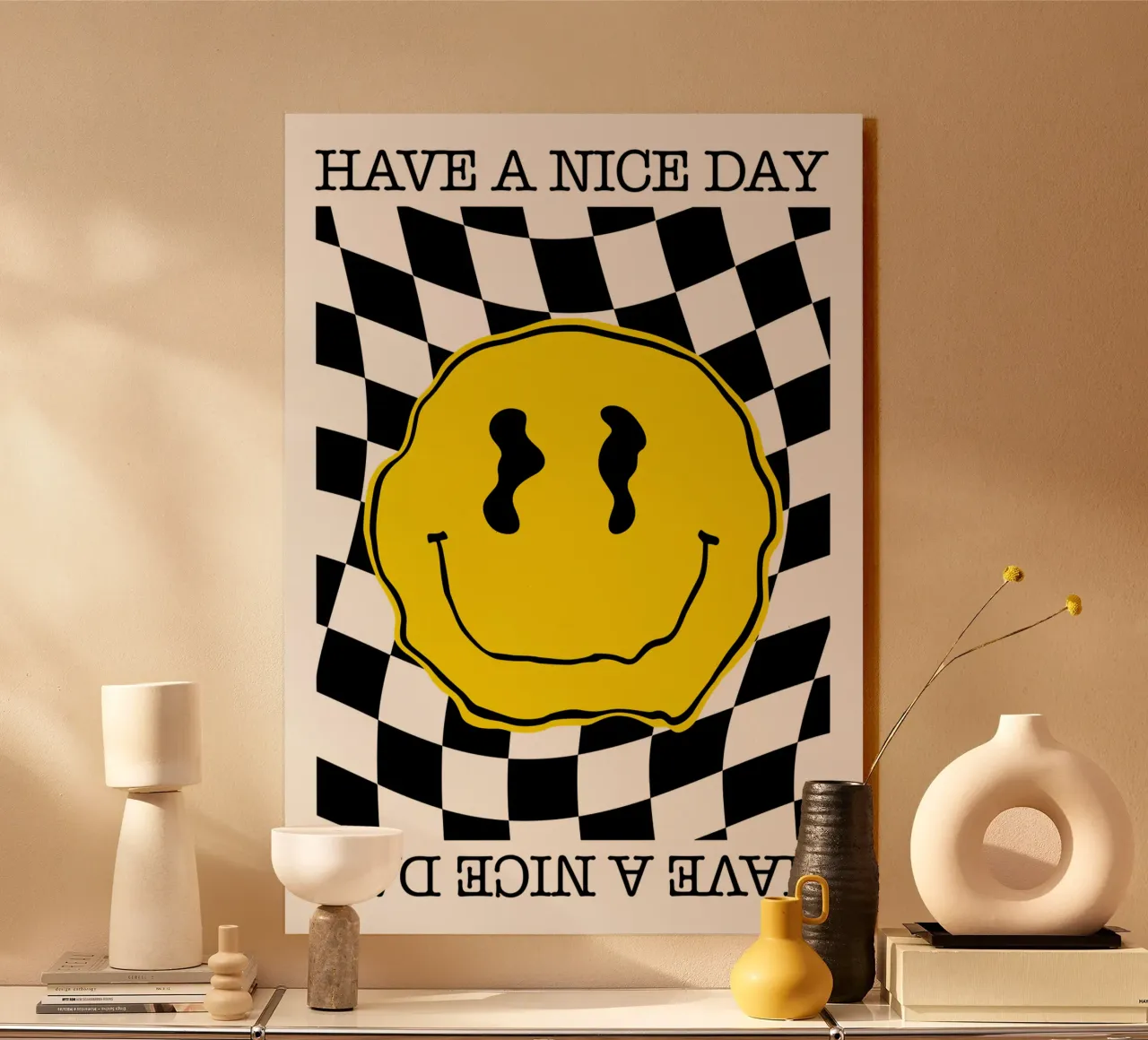Have A Nice Day - Smiley Yellow Black Alu-Dibond von Emil Art Studio