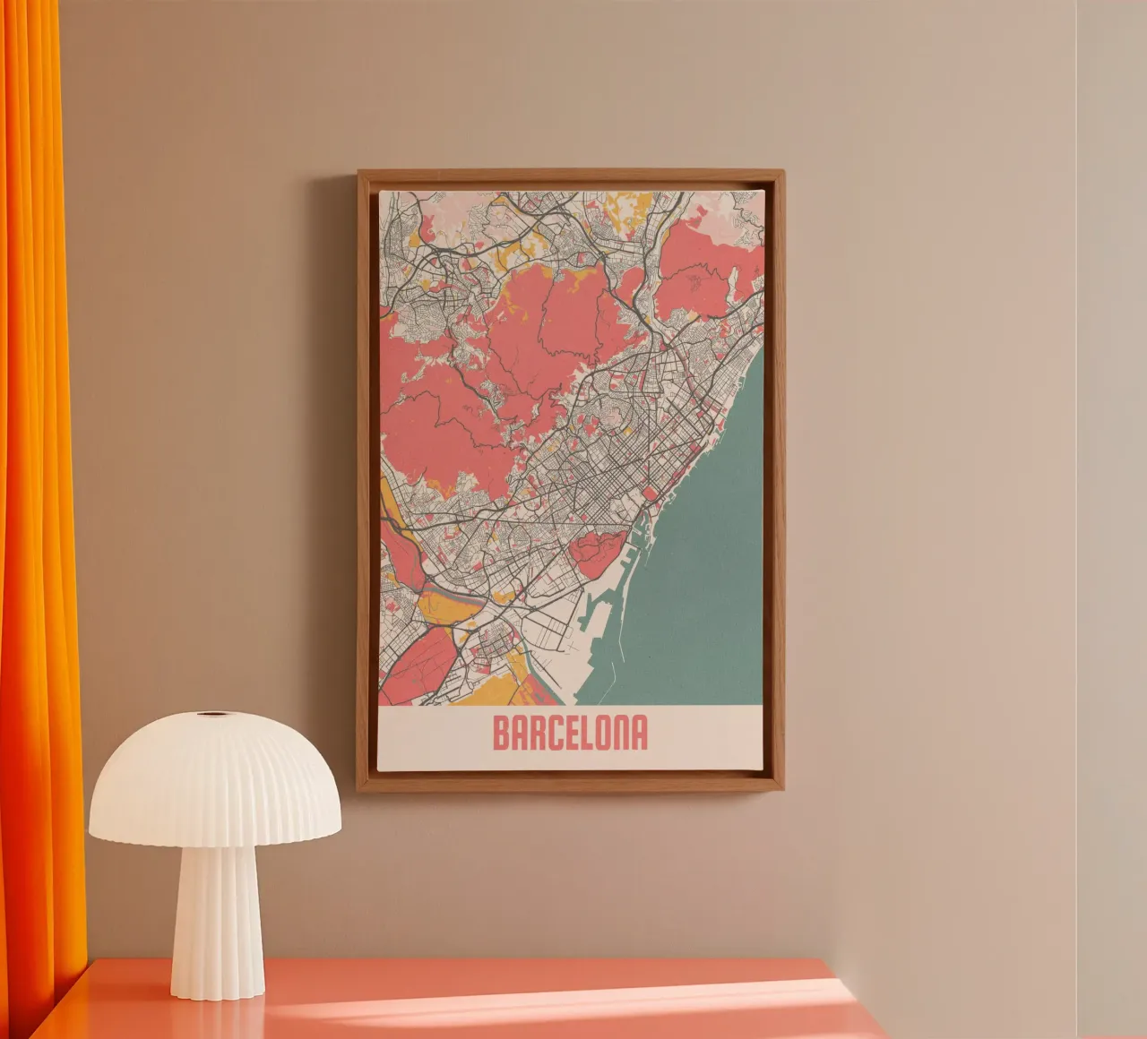Barcelona Kaart - Stijlvolle Kunstprint | FineArt Print canvas met Baklijst van MOOODZART