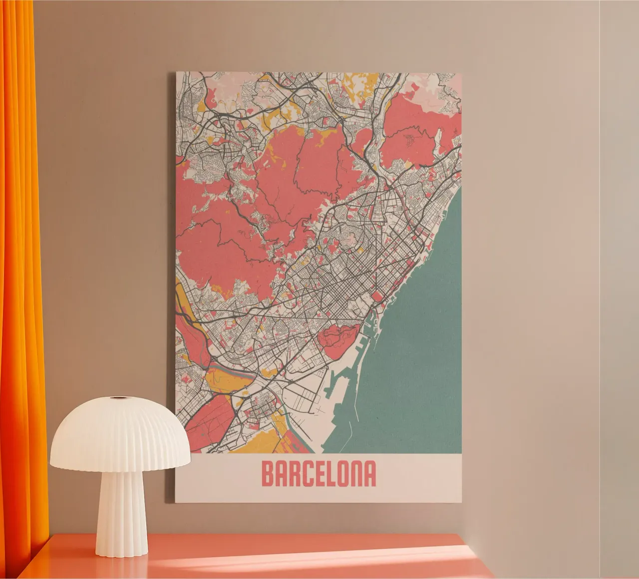 Barcelona Kaart - Stijlvolle Kunstprint | FineArt Print canvas met Baklijst van MOOODZART