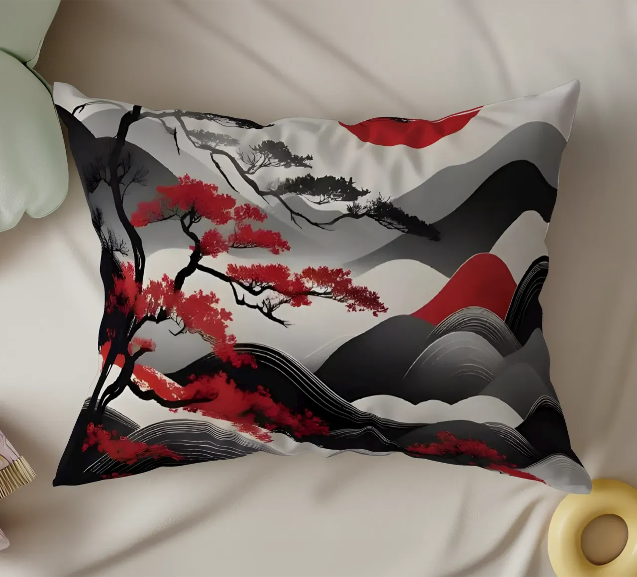 Alba Zen: Un paesaggio giapponese minimalista cuscino da Artistic-shop