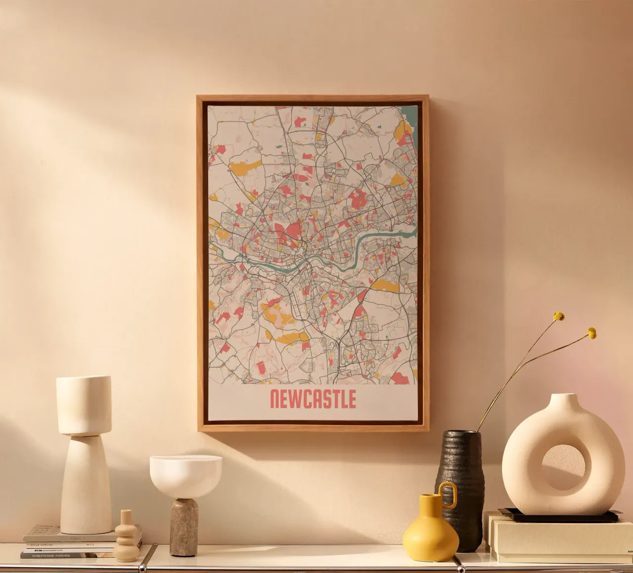 Newcastle City Map - Stijlvolle kunstdruk | FineArt Print canvas met Baklijst van MOOODZART