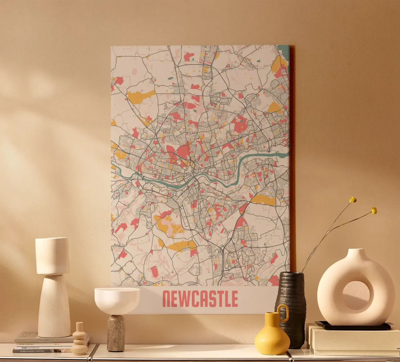 Newcastle City Map - Stijlvolle kunstdruk | FineArt Print canvas met Baklijst van MOOODZART