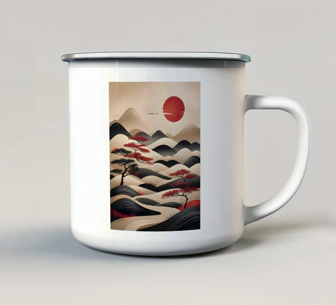 Alba Zen: Un tranquillo paesaggio montano giapponese tazza in smalto da Artistic-shop