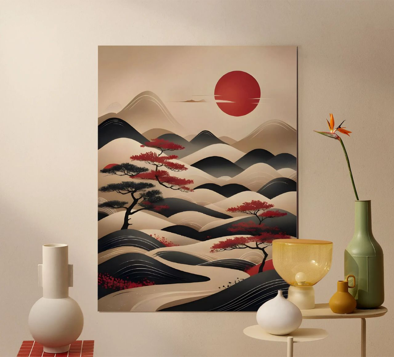 Zen Zonsopgang: Een vredig Japans berglandschap poster van Artistic-shop