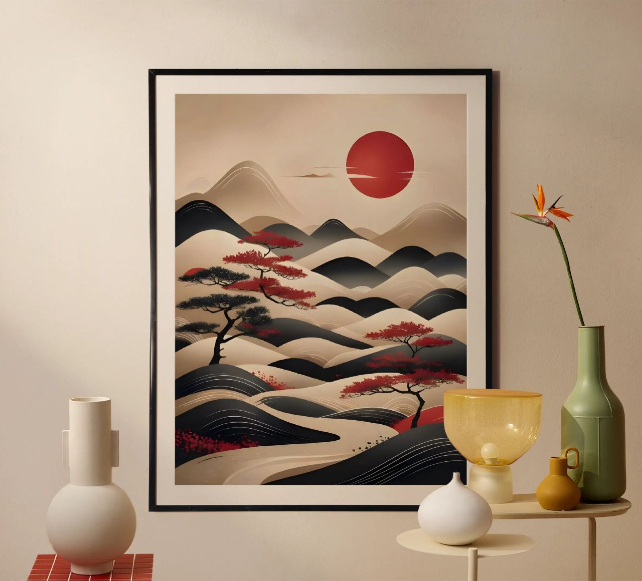 Zen Zonsopgang: Een vredig Japans berglandschap poster van Artistic-shop