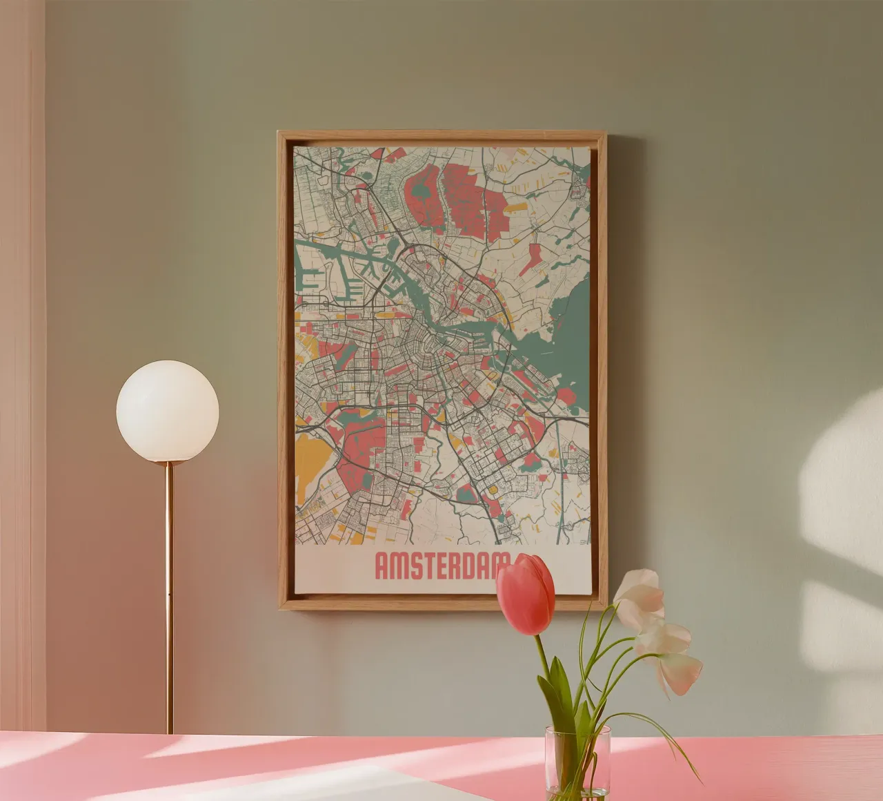 Amsterdam Kaart - Stijlvolle Kunstprint | FineArt Print canvas met Baklijst van MOOODZART