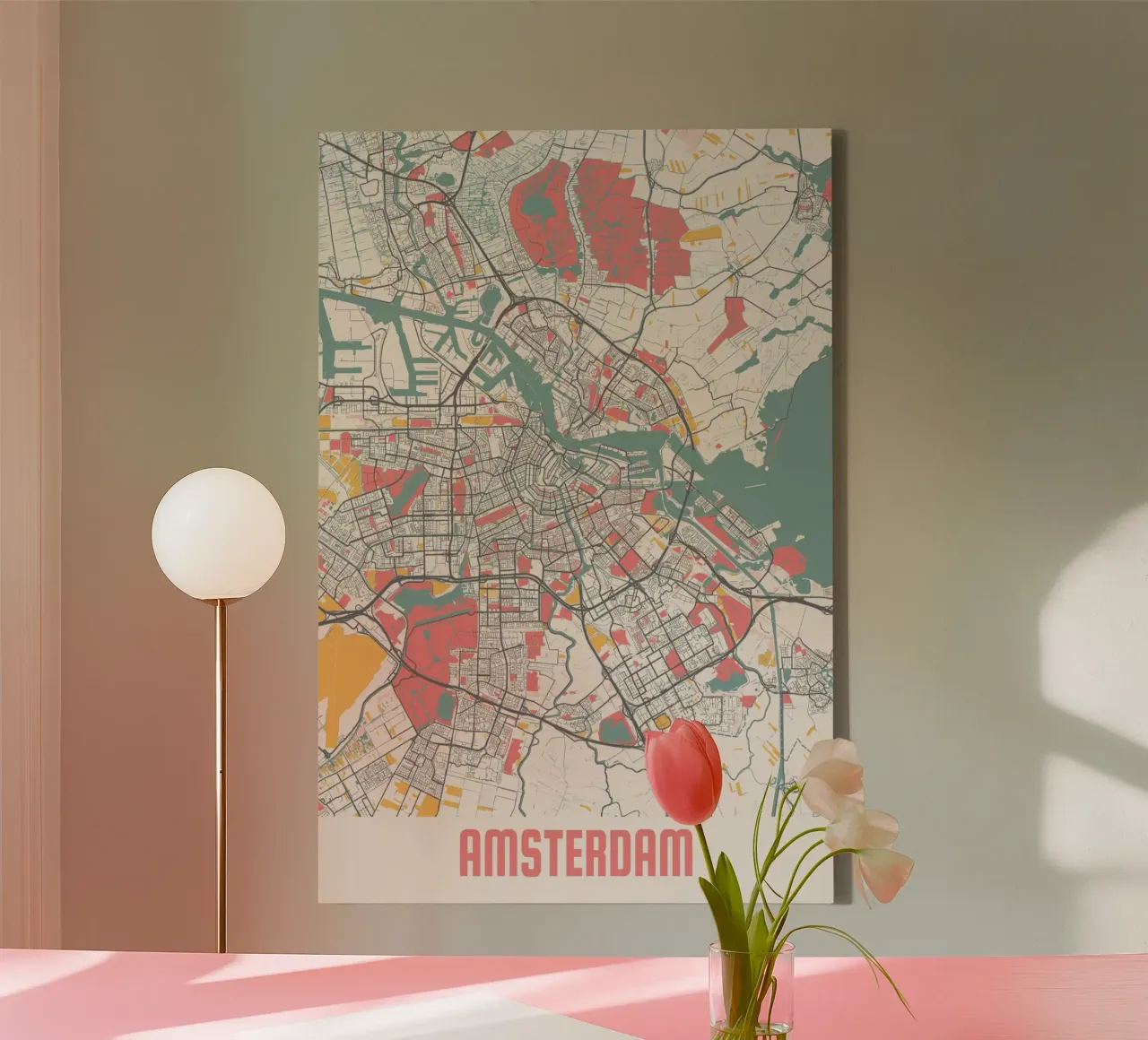 Amsterdam Kaart - Stijlvolle Kunstprint | FineArt Print canvas met Baklijst van MOOODZART