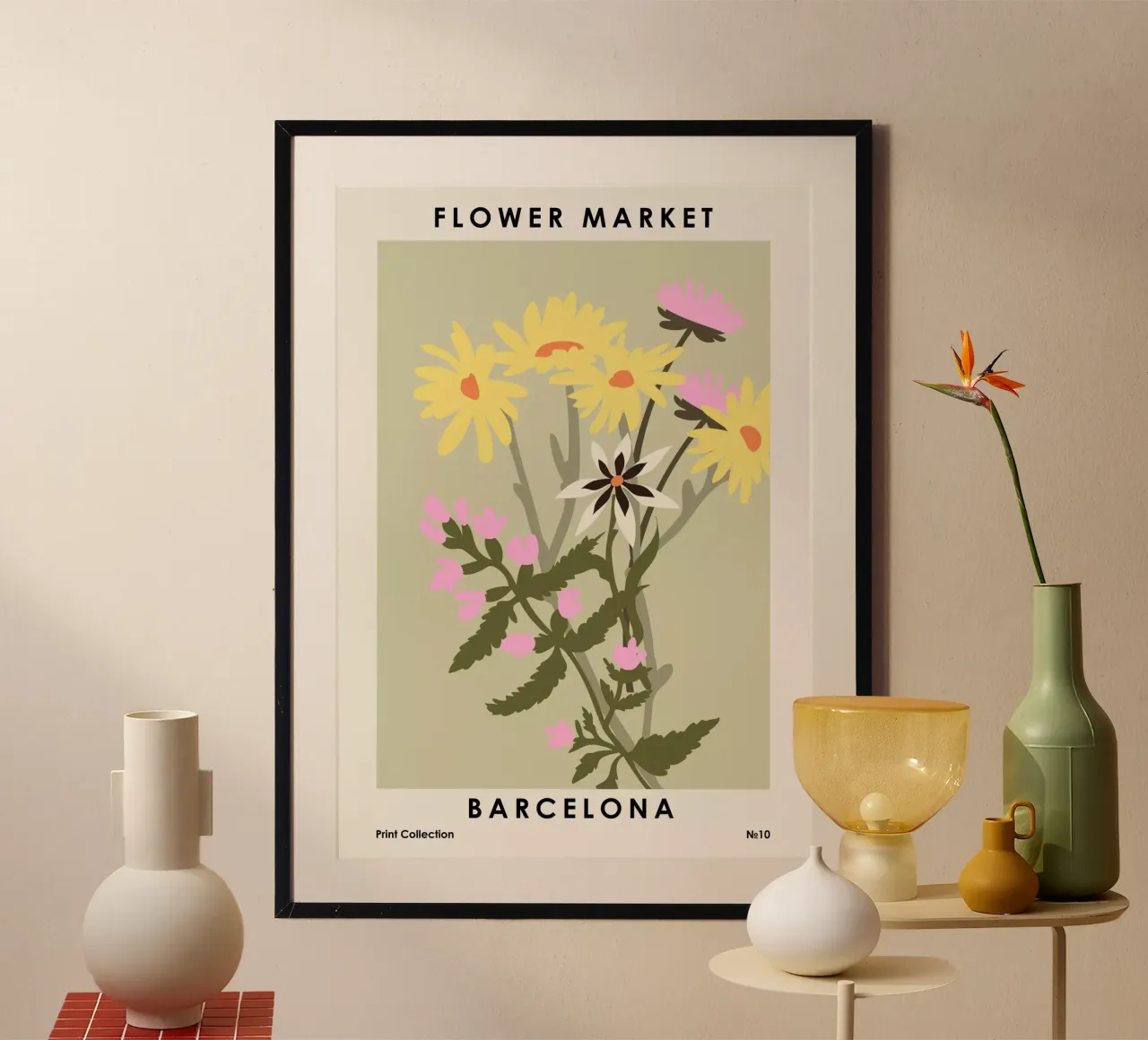 Mercato dei fiori di Barcellona poster con telaio in legno da NKTN Design