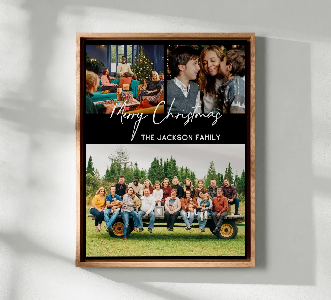 Custom Merry Christmas 3 Photo Collage Family Name canvas with Floater frame by Shark Printables