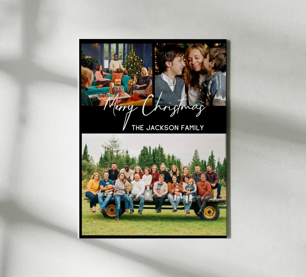 Custom Merry Christmas 3 Photo Collage Family Name canvas with Floater frame by Shark Printables