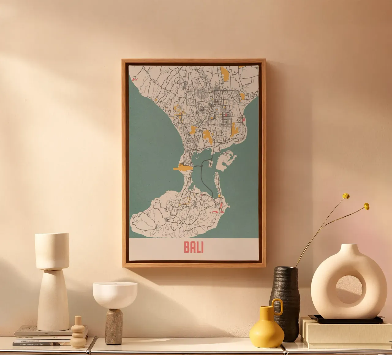 Bali eilandkaart - Stijlvolle kunstdruk | FineArt Print canvas met Baklijst van MOOODZART