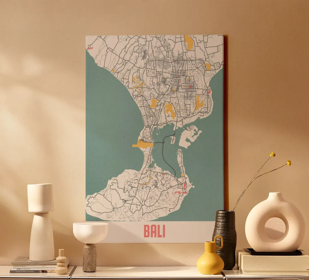 Bali eilandkaart - Stijlvolle kunstdruk | FineArt Print canvas met Baklijst van MOOODZART