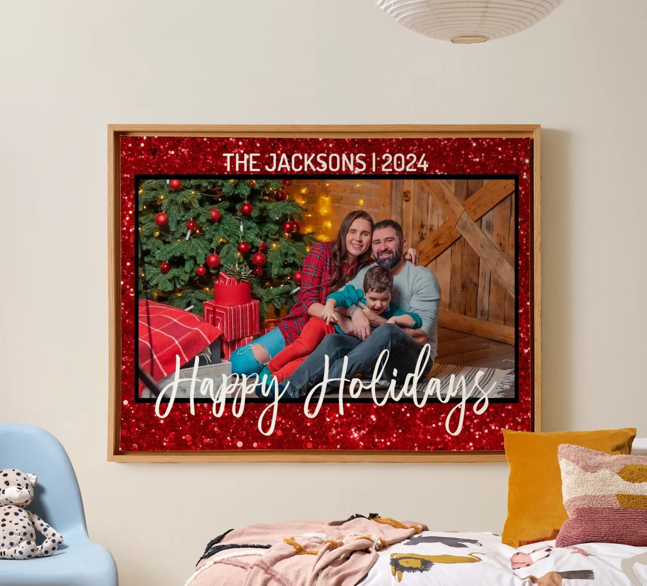 Personalized Happy Holidays Custom Photo Family Name canvas with Floater frame by Shark Printables