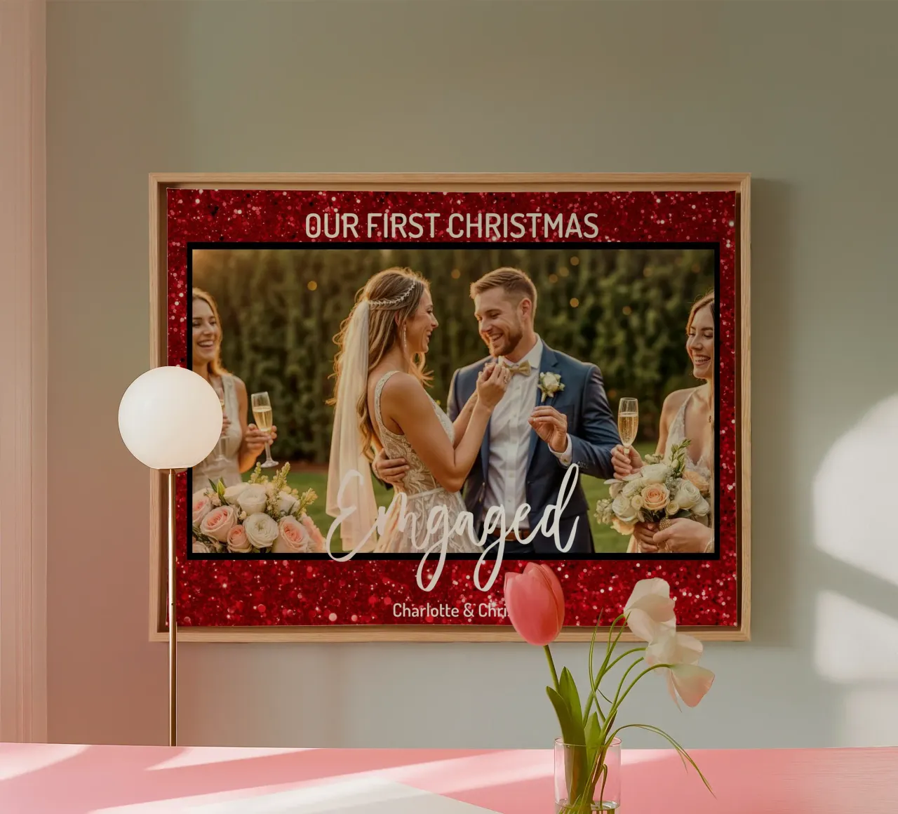 Our First Christmas Engaged Personalized Couple Photo Name canvas with Floater frame by Shark Printables