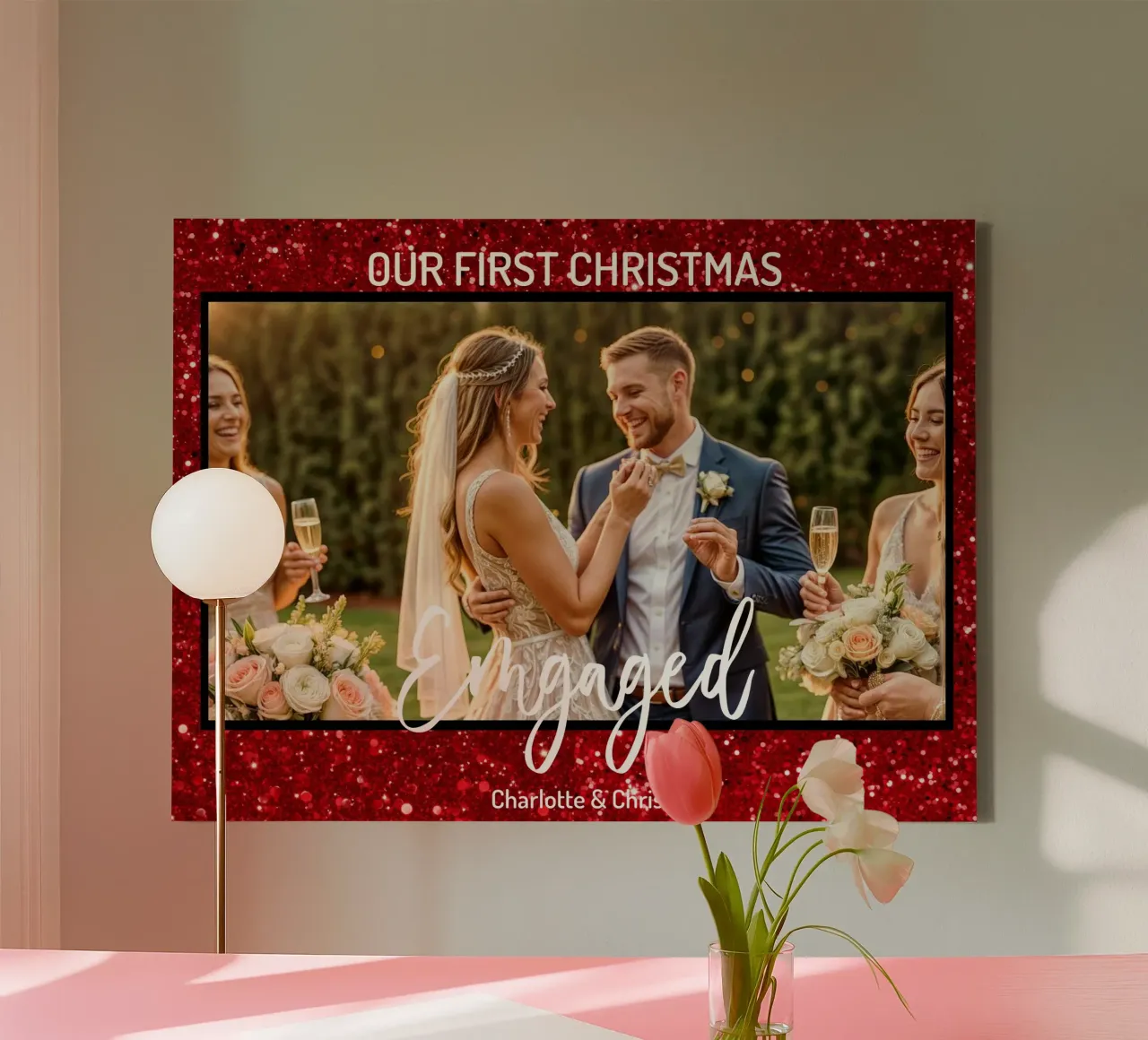 Our First Christmas Engaged Personalized Couple Photo Name canvas with Floater frame by Shark Printables