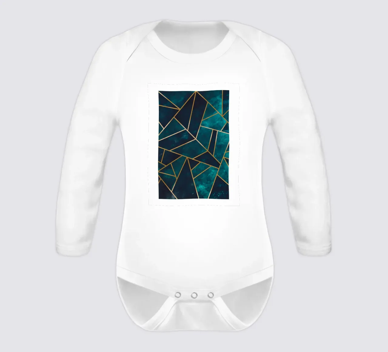 Golden geometry - abstract art in turquoise long-sleeve baby romper by Whole©