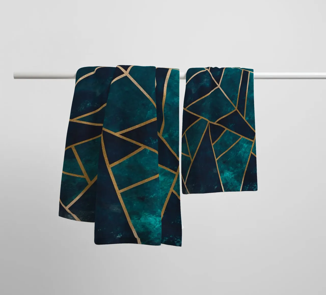 Golden geometry - abstract art in turquoise towel by Whole©