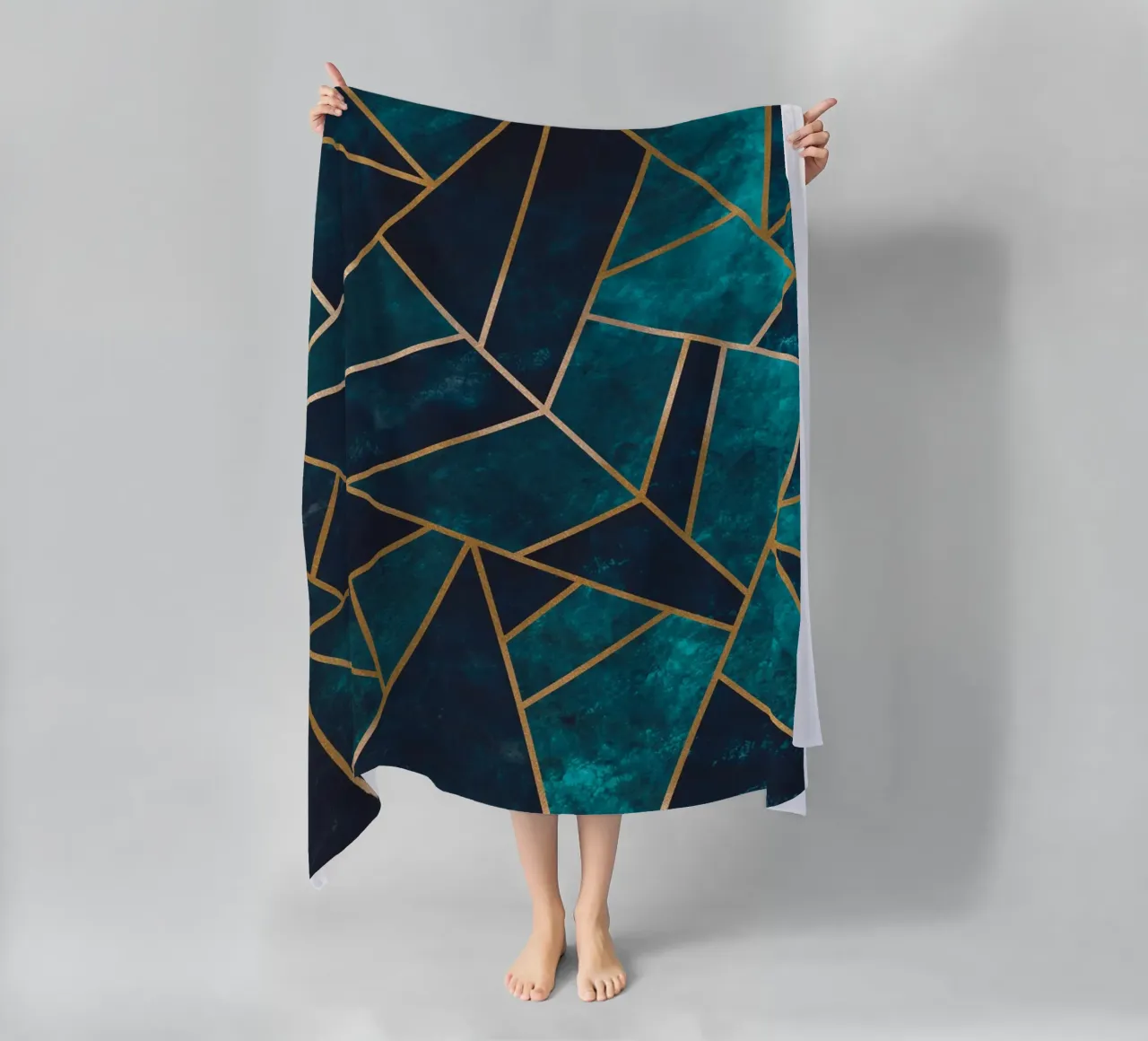 Golden geometry - abstract art in turquoise beach towel by Whole©
