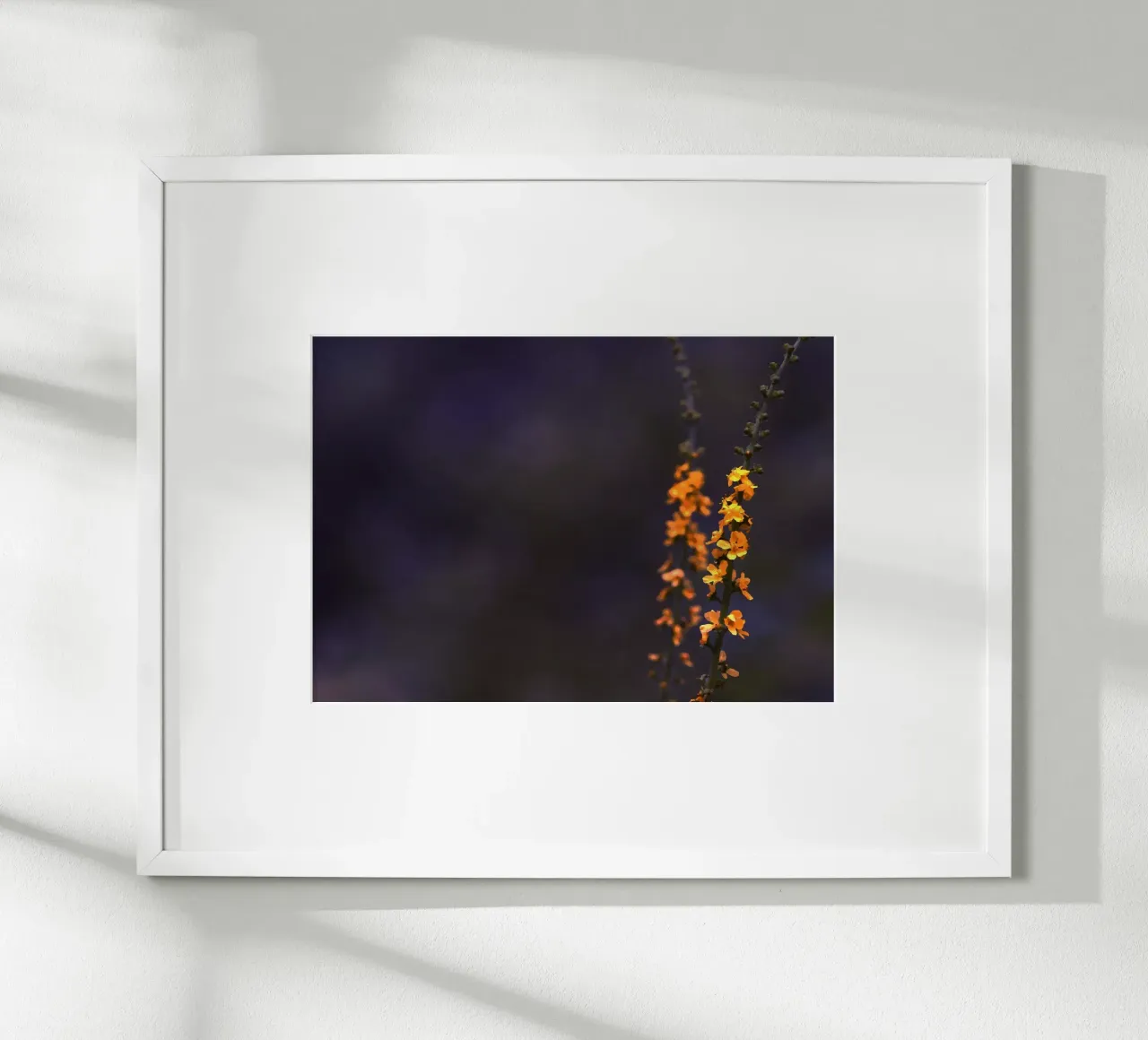 Piccoli fiori arancioni su sfondo blu poster con telaio in plastica da Something for you