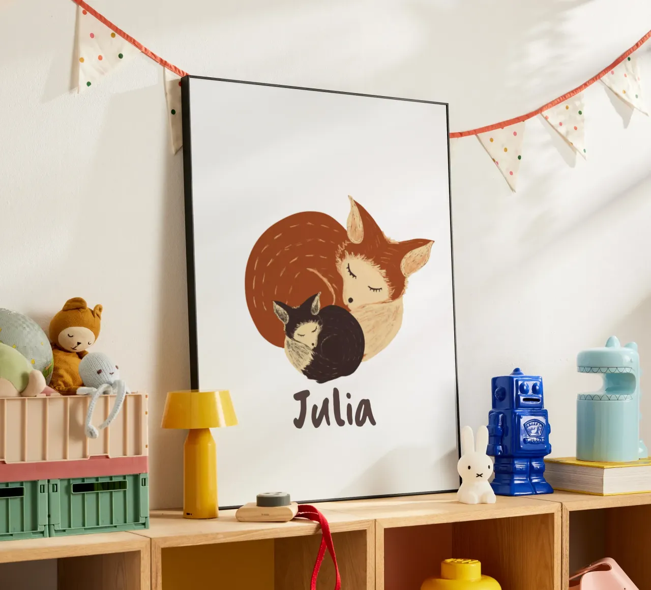 Madre addormentata e volpe neonata: Regalo per bambini completamente personalizzabile alluminio dibond da Studio Patruschka