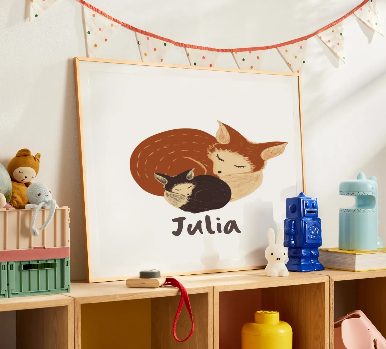 Madre addormentata e volpe neonata: Regalo per bambini completamente personalizzabile carta hahnemühle da Studio Patruschka