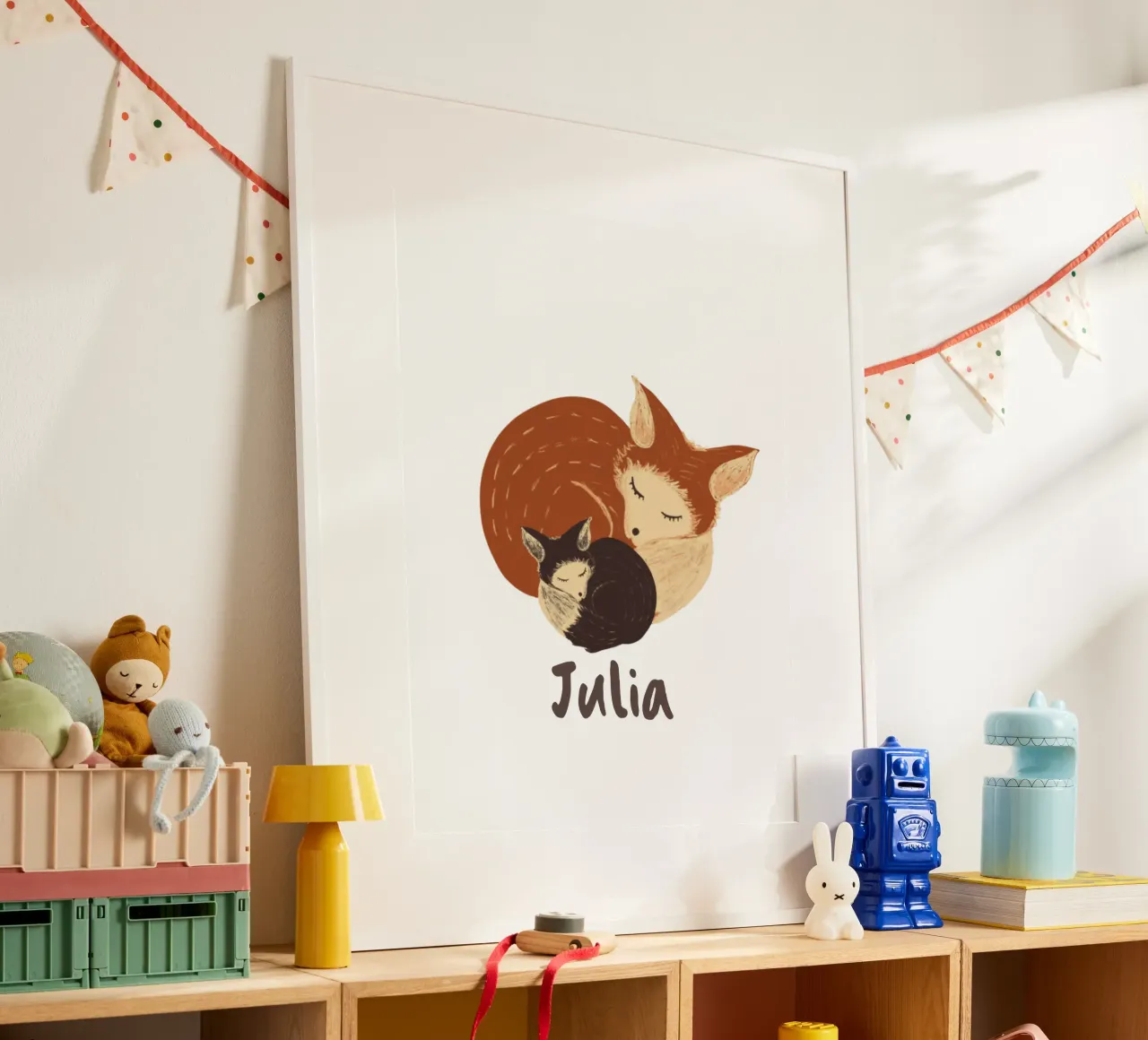 Madre addormentata e volpe neonata: Regalo per bambini completamente personalizzabile carta hahnemühle da Studio Patruschka