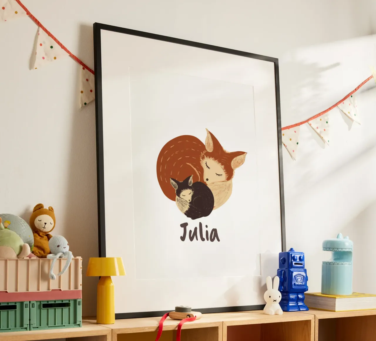 Madre addormentata e volpe neonata: Regalo per bambini completamente personalizzabile carta hahnemühle da Studio Patruschka