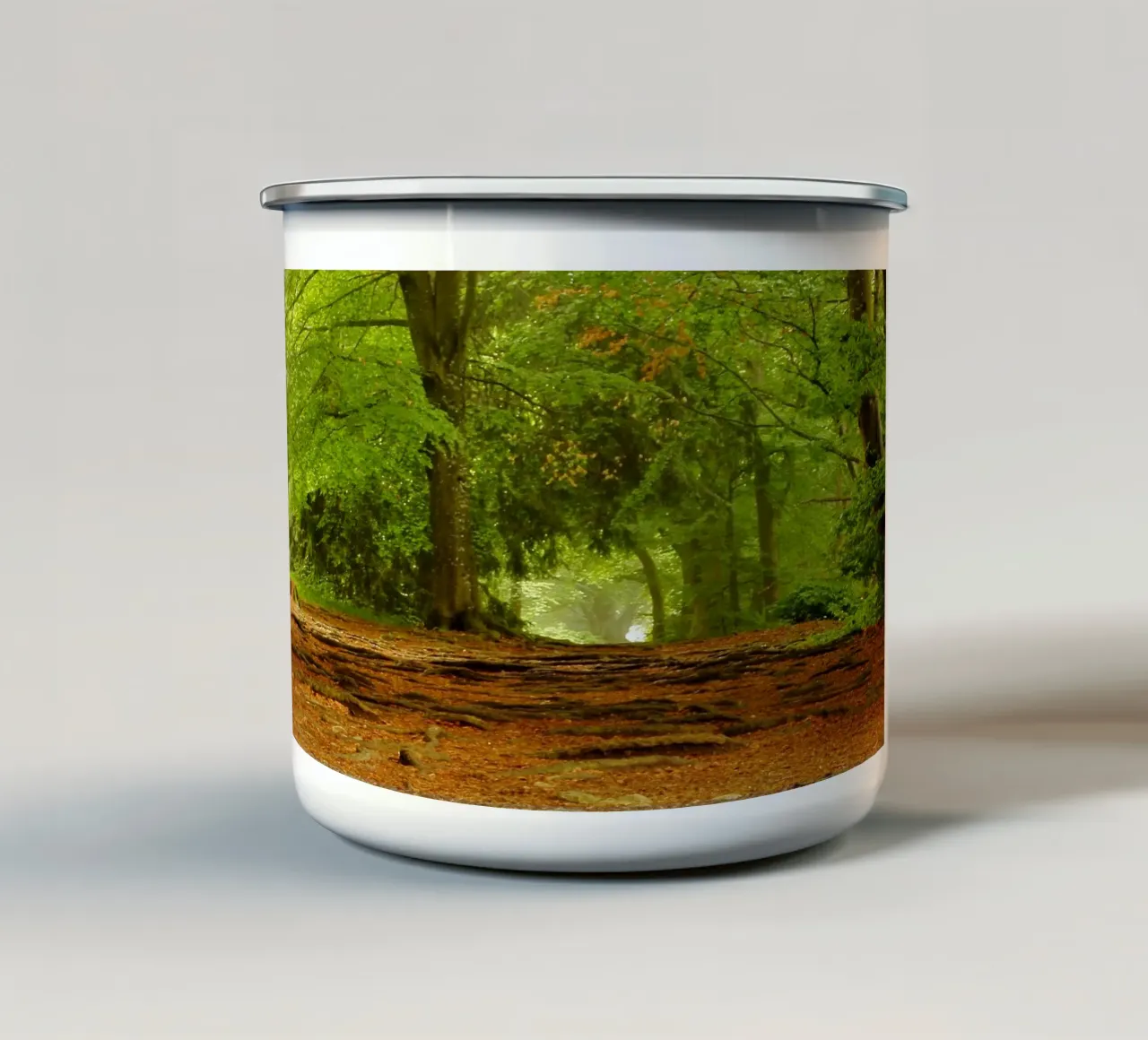 Path in the forest in summer sunshine enamel mug by Something for you