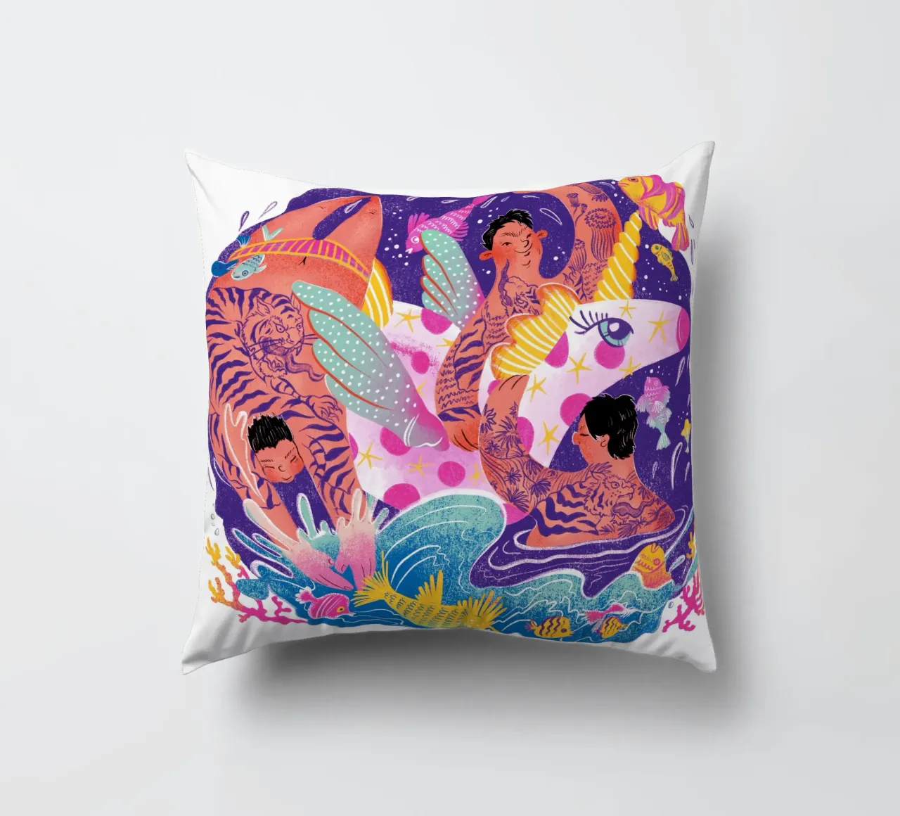 Three brothers and a unicorn float decorative cushion by Moira Scicluna Zahra