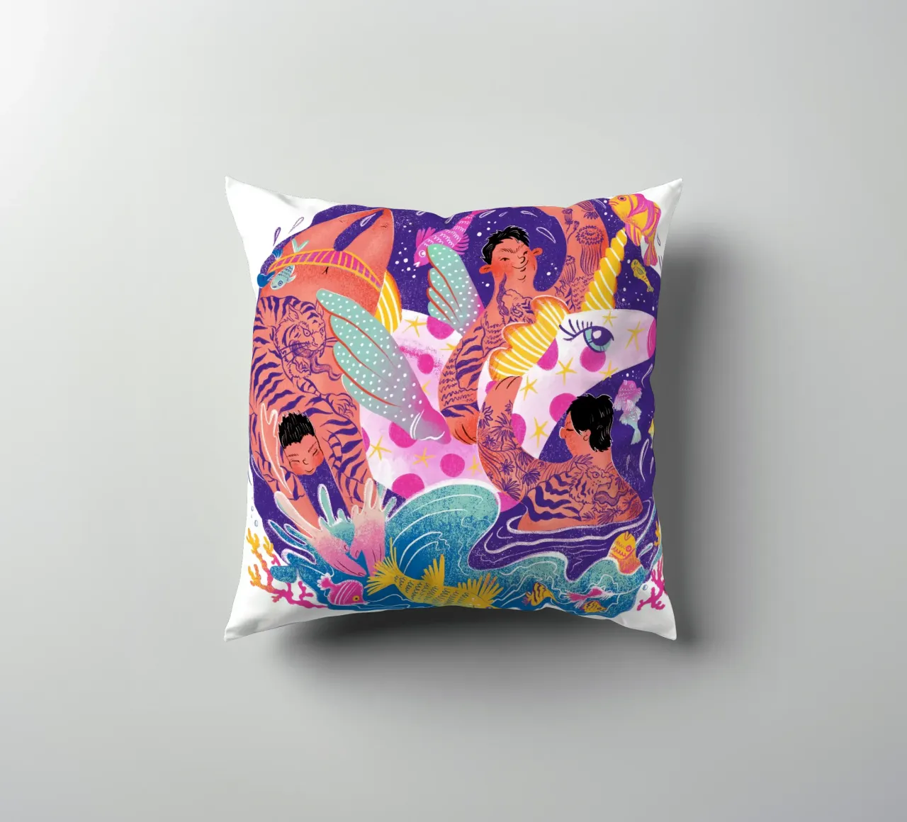 Three brothers and a unicorn float decorative cushion by Moira Scicluna Zahra