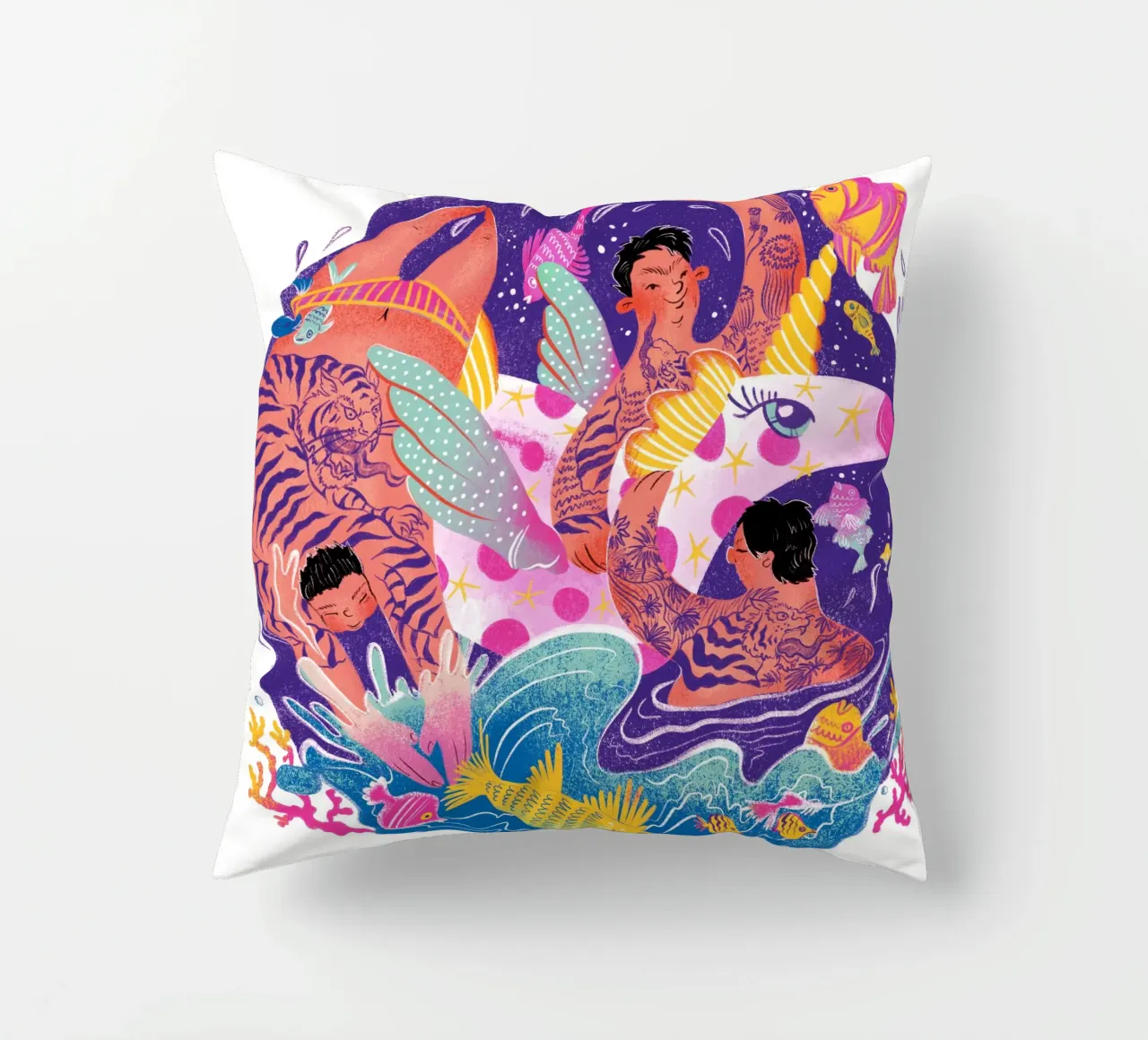 Three brothers and a unicorn float decorative cushion by Moira Scicluna Zahra