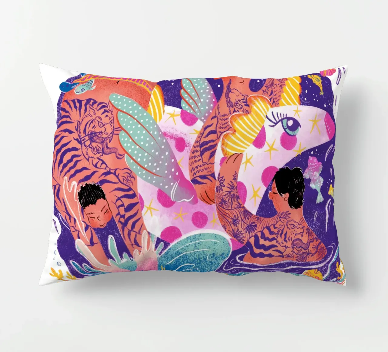 Three brothers and a unicorn float decorative cushion by Moira Scicluna Zahra