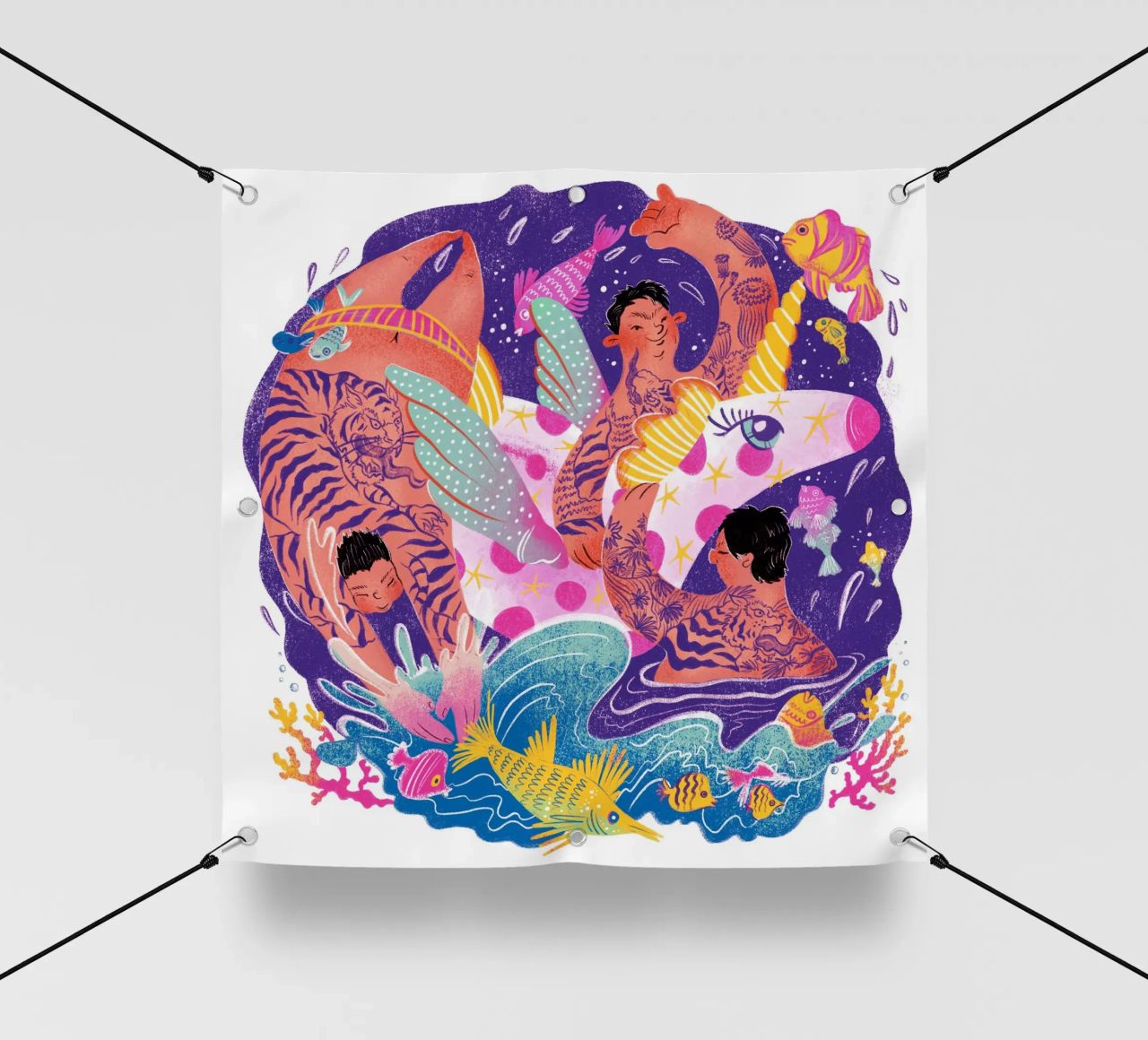 Three brothers and a unicorn float telo in pvc da Moira Scicluna Zahra