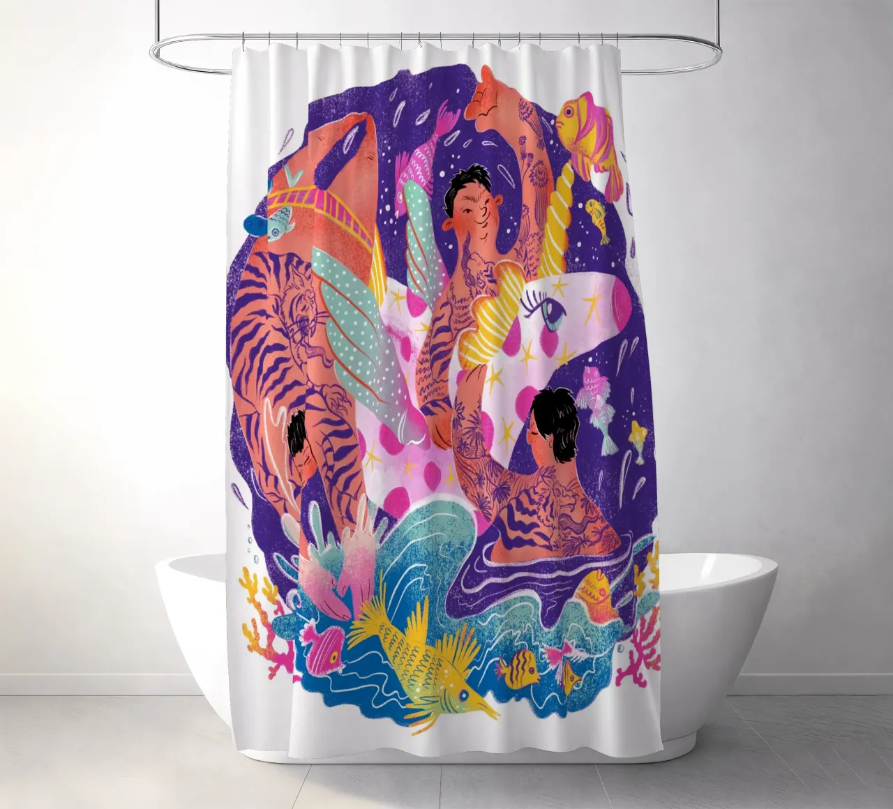 Three brothers and a unicorn float Duschvorhang von Moira Scicluna Zahra