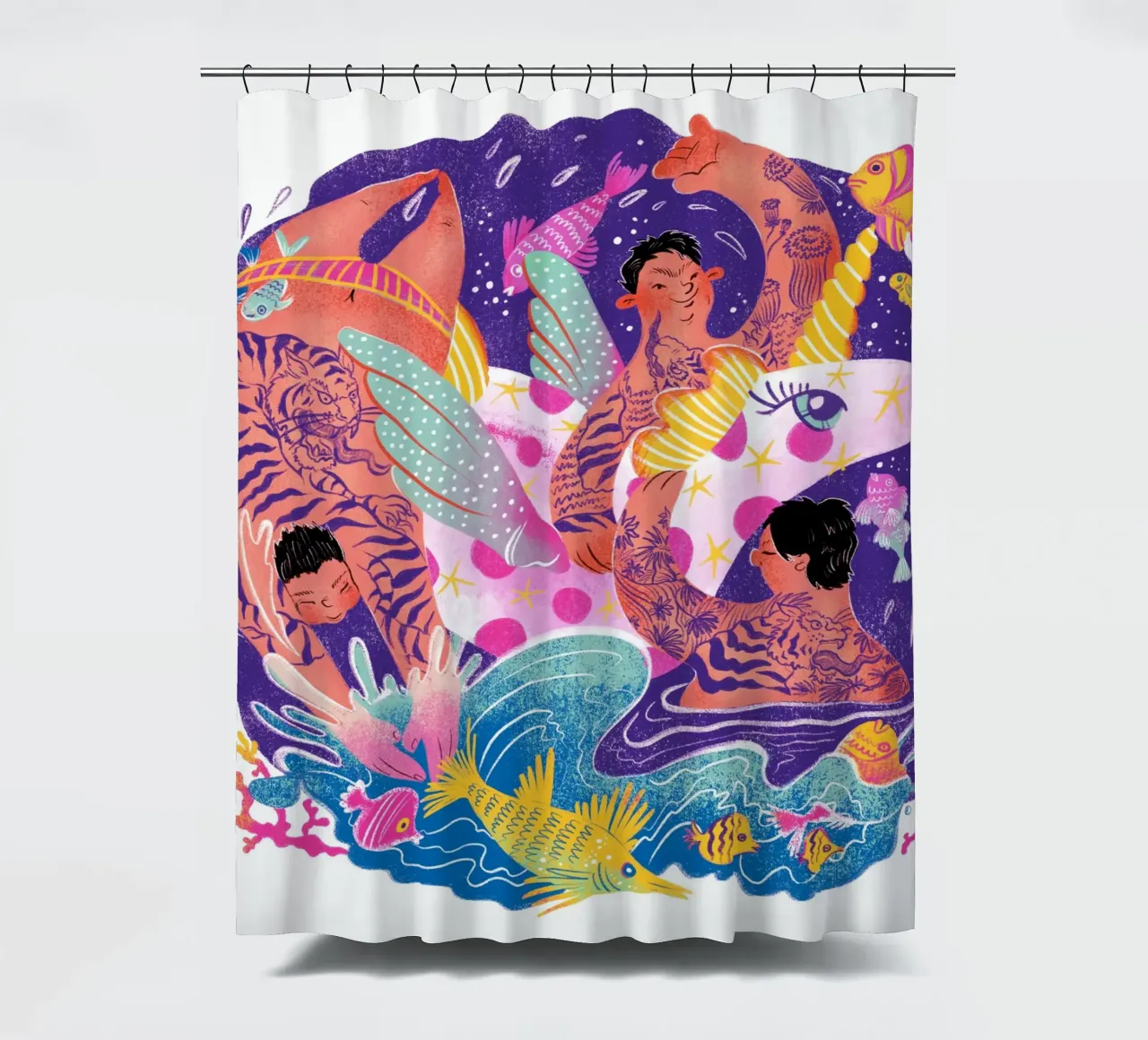 Three brothers and a unicorn float Duschvorhang von Moira Scicluna Zahra