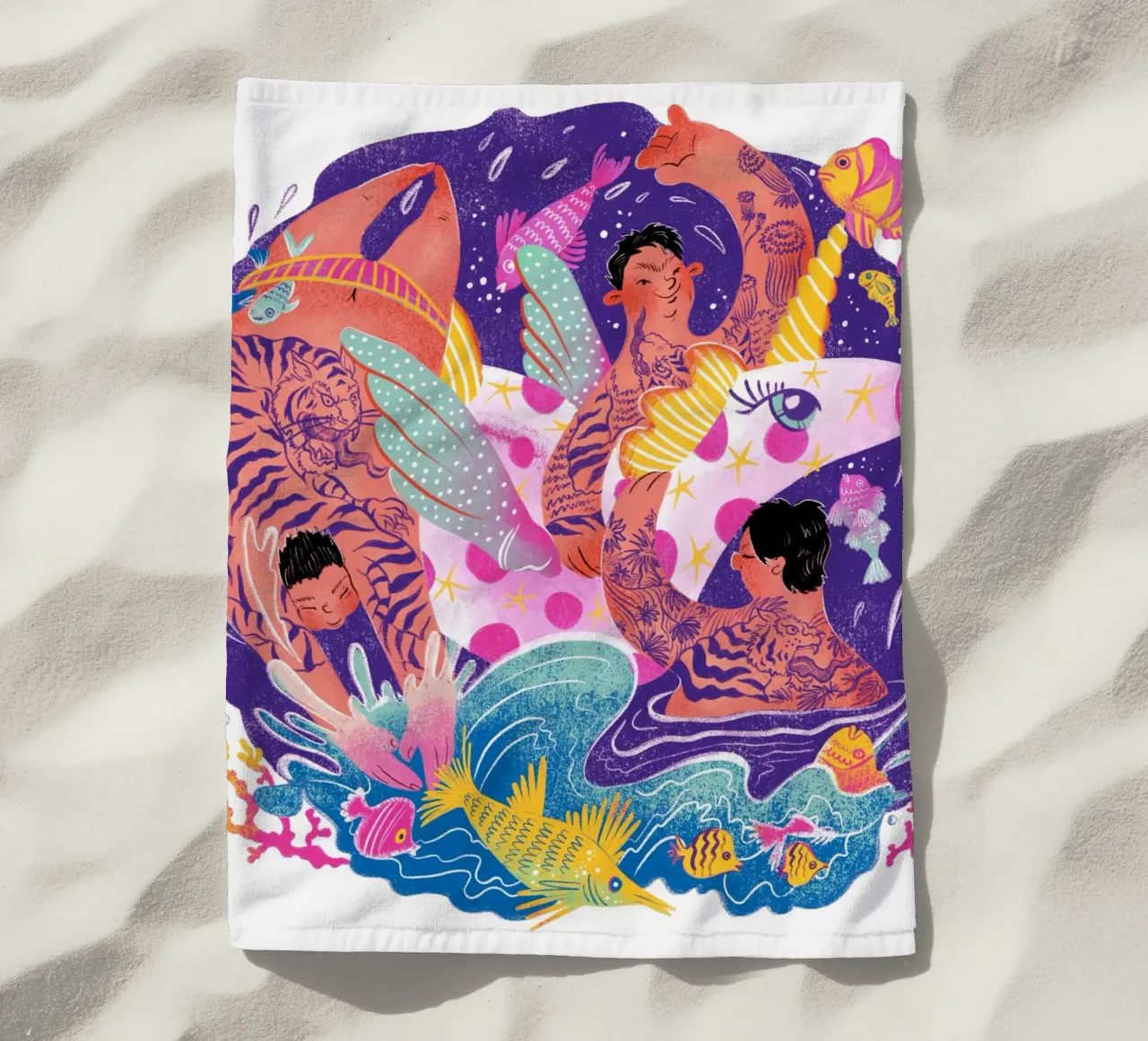 Three brothers and a unicorn float Strandtuch von Moira Scicluna Zahra