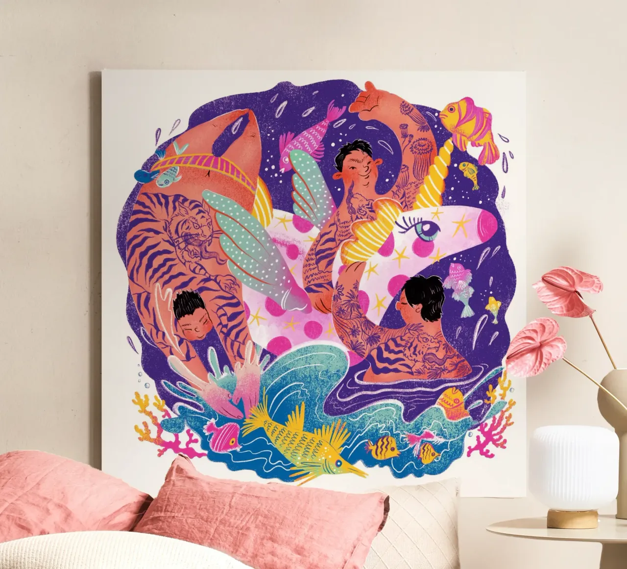 Three brothers and a unicorn float tela da Moira Scicluna Zahra