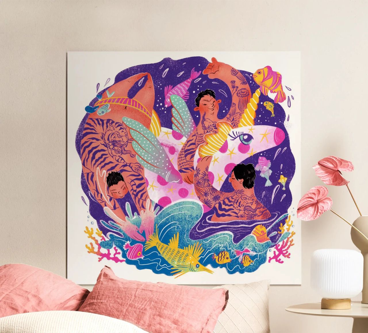 Three brothers and a unicorn float Poster von Moira Scicluna Zahra