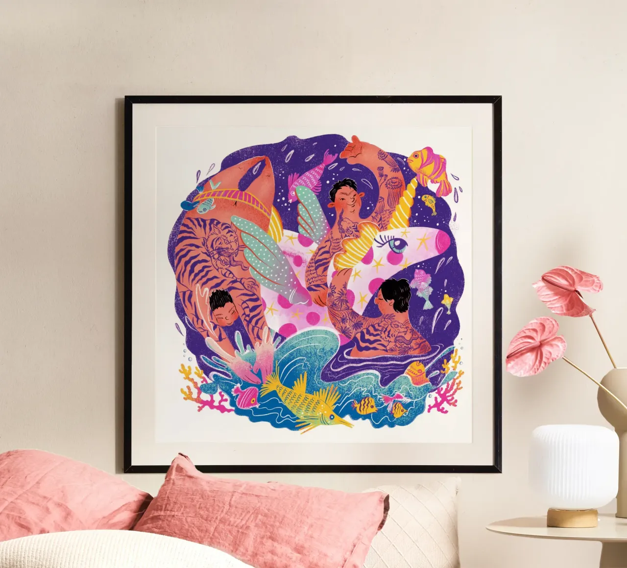Three brothers and a unicorn float poster con telaio in alluminio da Moira Scicluna Zahra