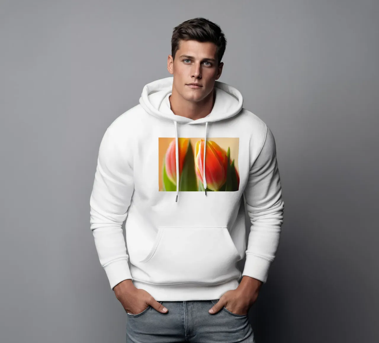 Due tulipani rosso-arancio in una ripresa macro felpa con cappuccio da Something for you