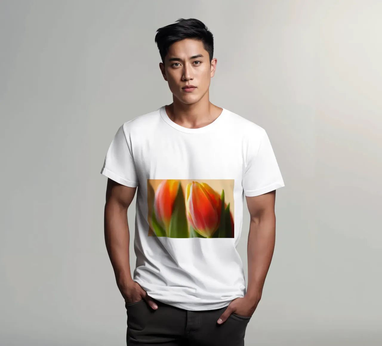 Due tulipani rosso-arancio in una ripresa macro t-shirt da Something for you
