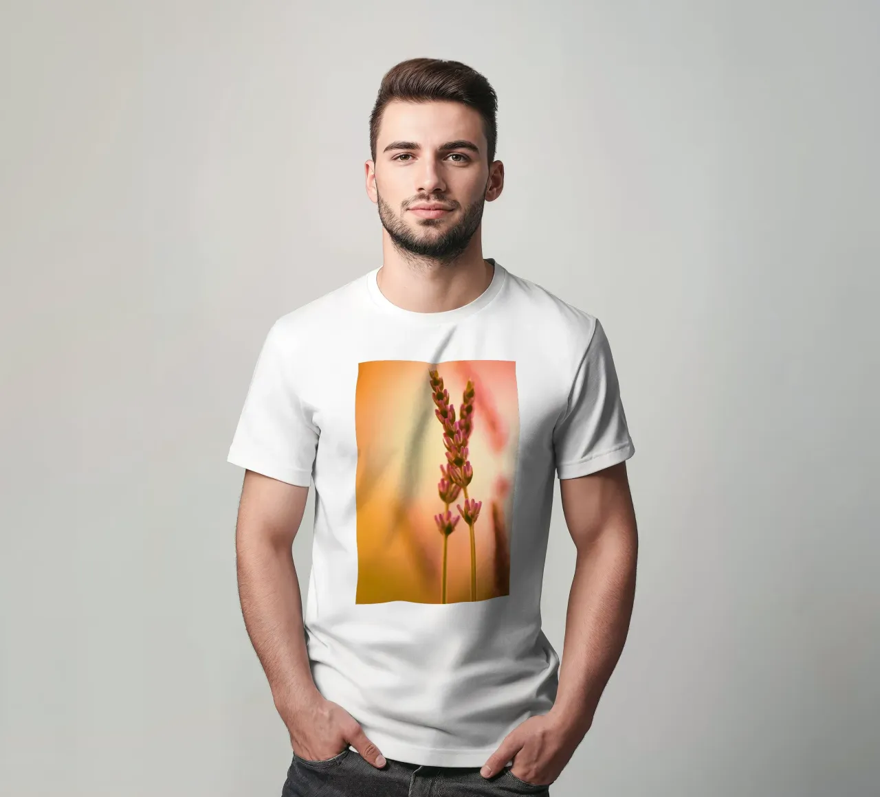 Rametti di lavanda su uno sfondo rosso-rosa-arancio t-shirt da Something for you