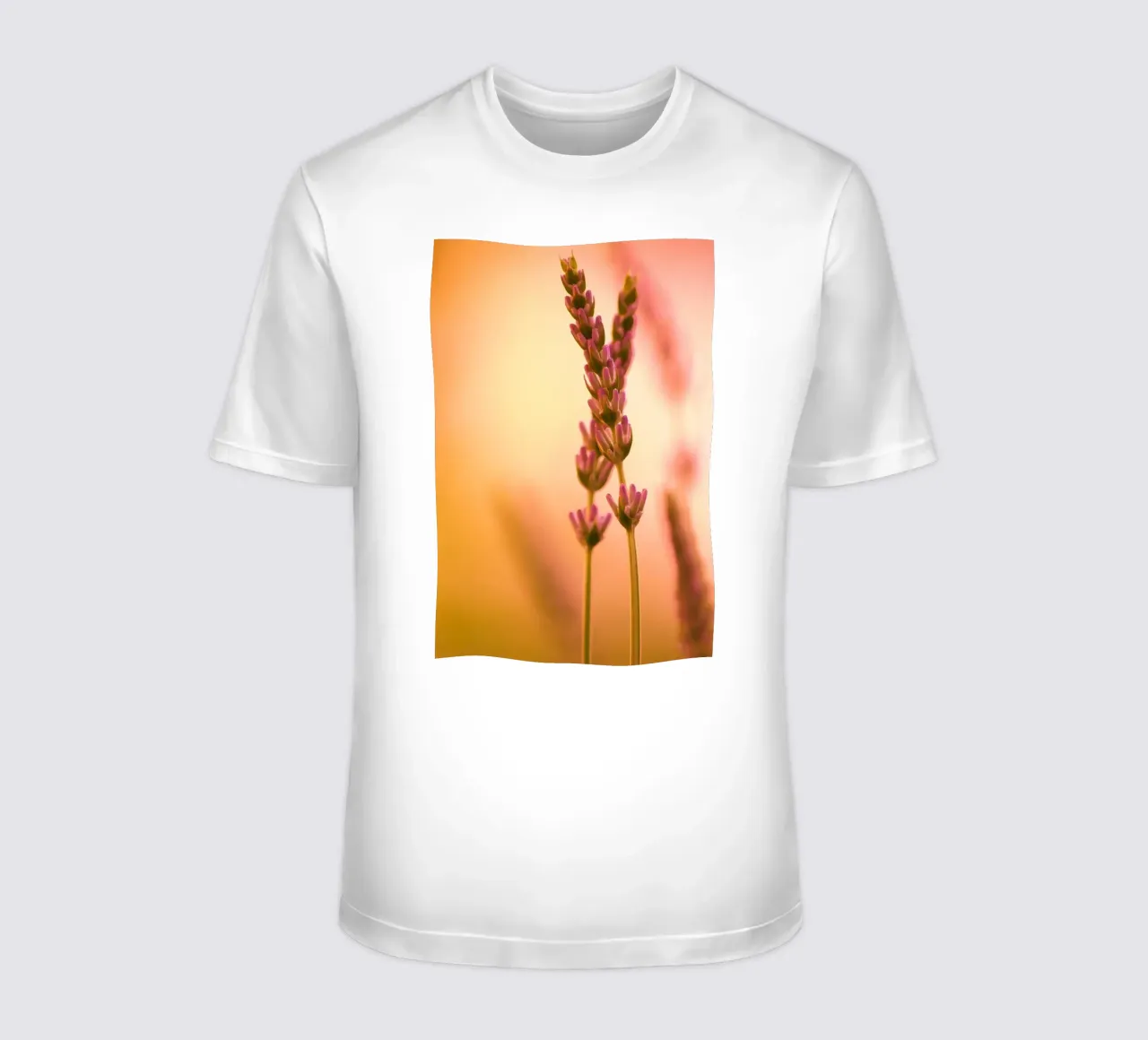 Rametti di lavanda su uno sfondo rosso-rosa-arancio t-shirt da Something for you