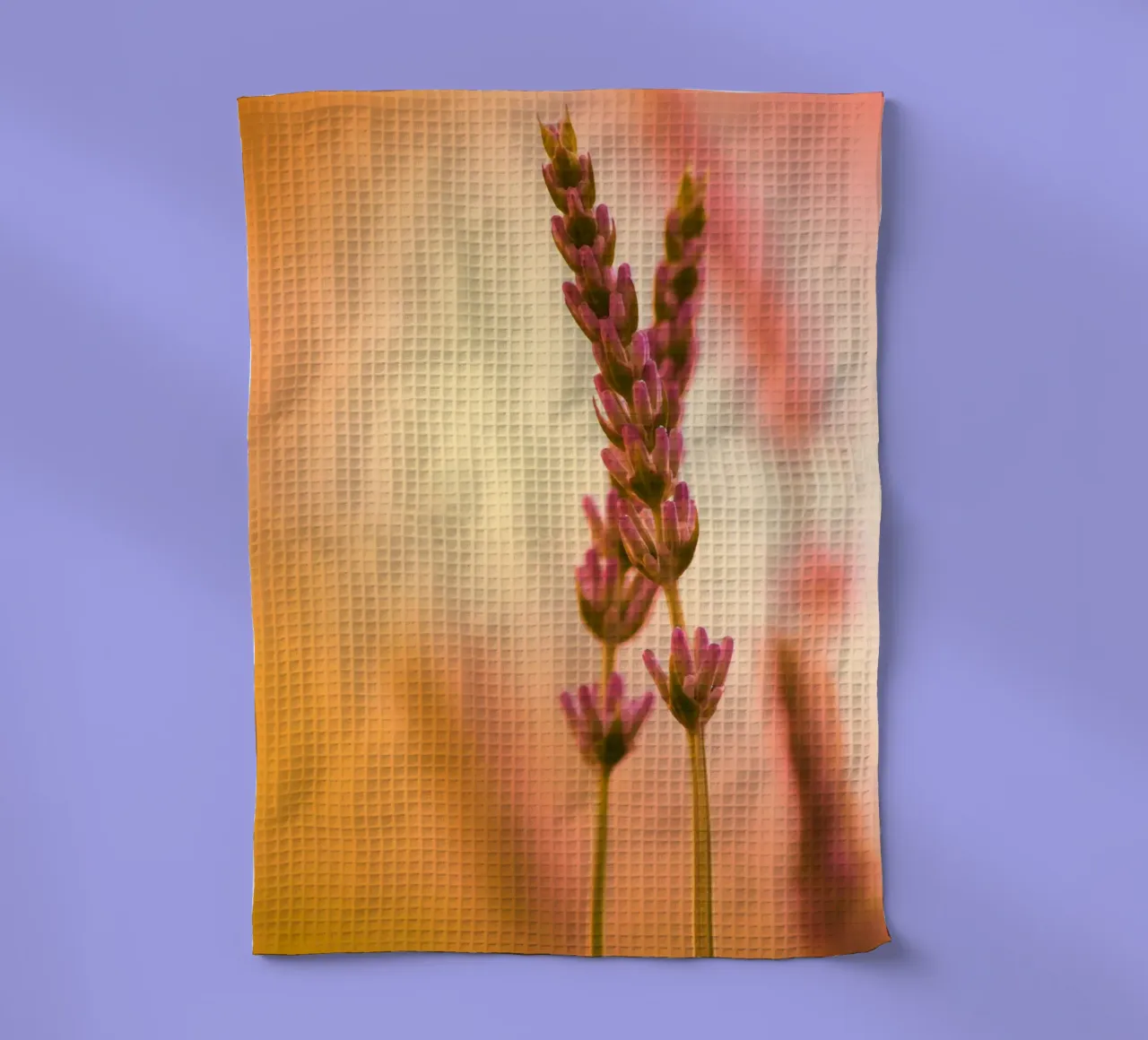 Sprigs of lavender against a red-pink-orange background tea towel by Something for you
